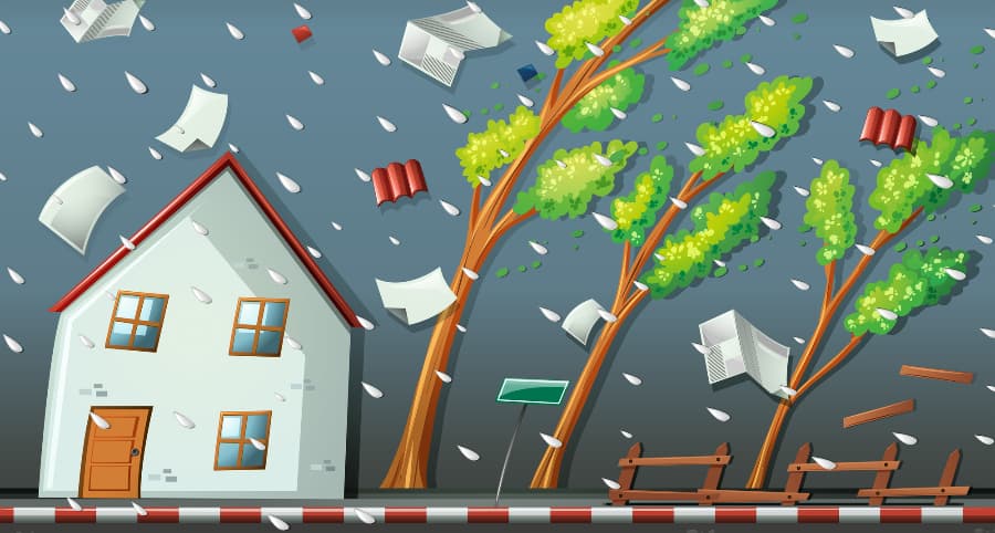 Graphic of a storm striking a house and surrounding environment